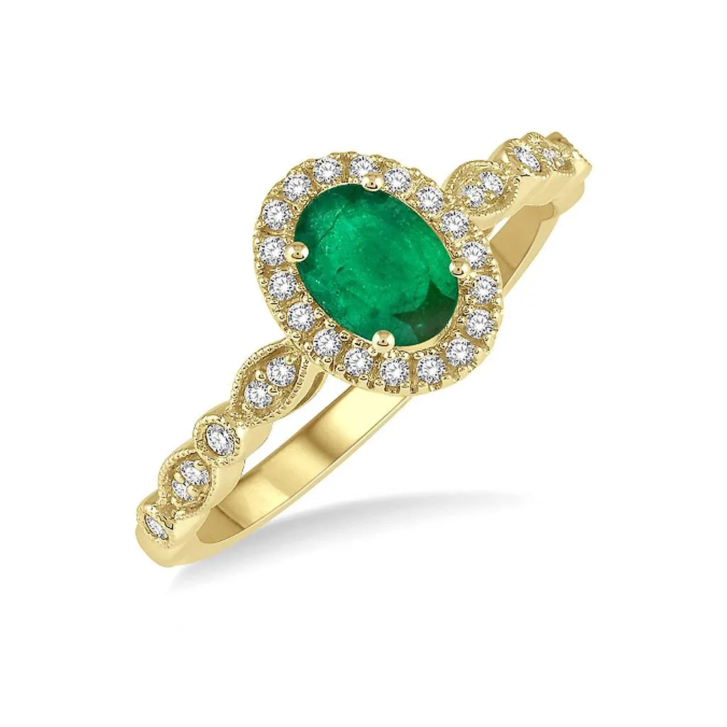 10K Yellow Gold Diamond Halo Fashion Ring With Oval Emerald Center