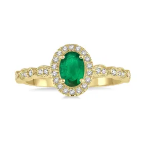 10K Yellow Gold Diamond Halo Fashion Ring With Oval Emerald Center