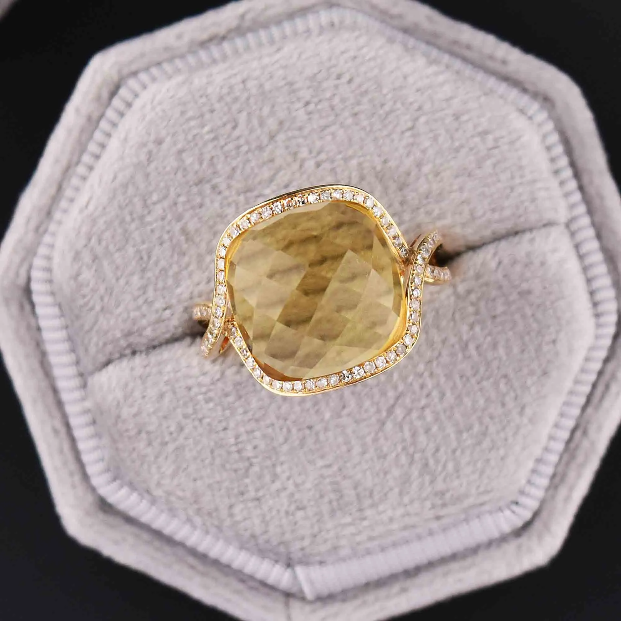 14K Gold Diamond Halo Checkerboard Citrine Ring