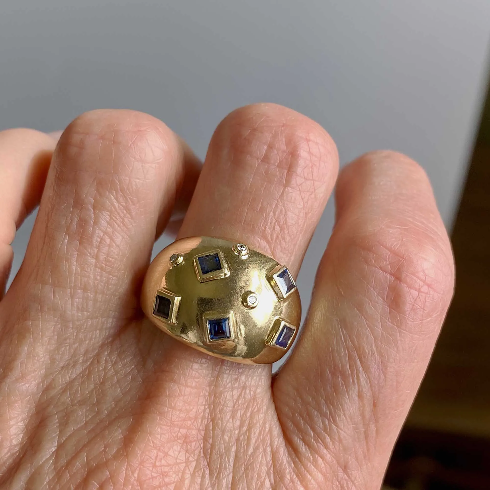 14K Gold Sputnik Style Sapphire Diamond Bombe Ring