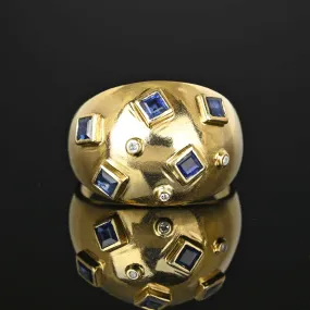 14K Gold Sputnik Style Sapphire Diamond Bombe Ring