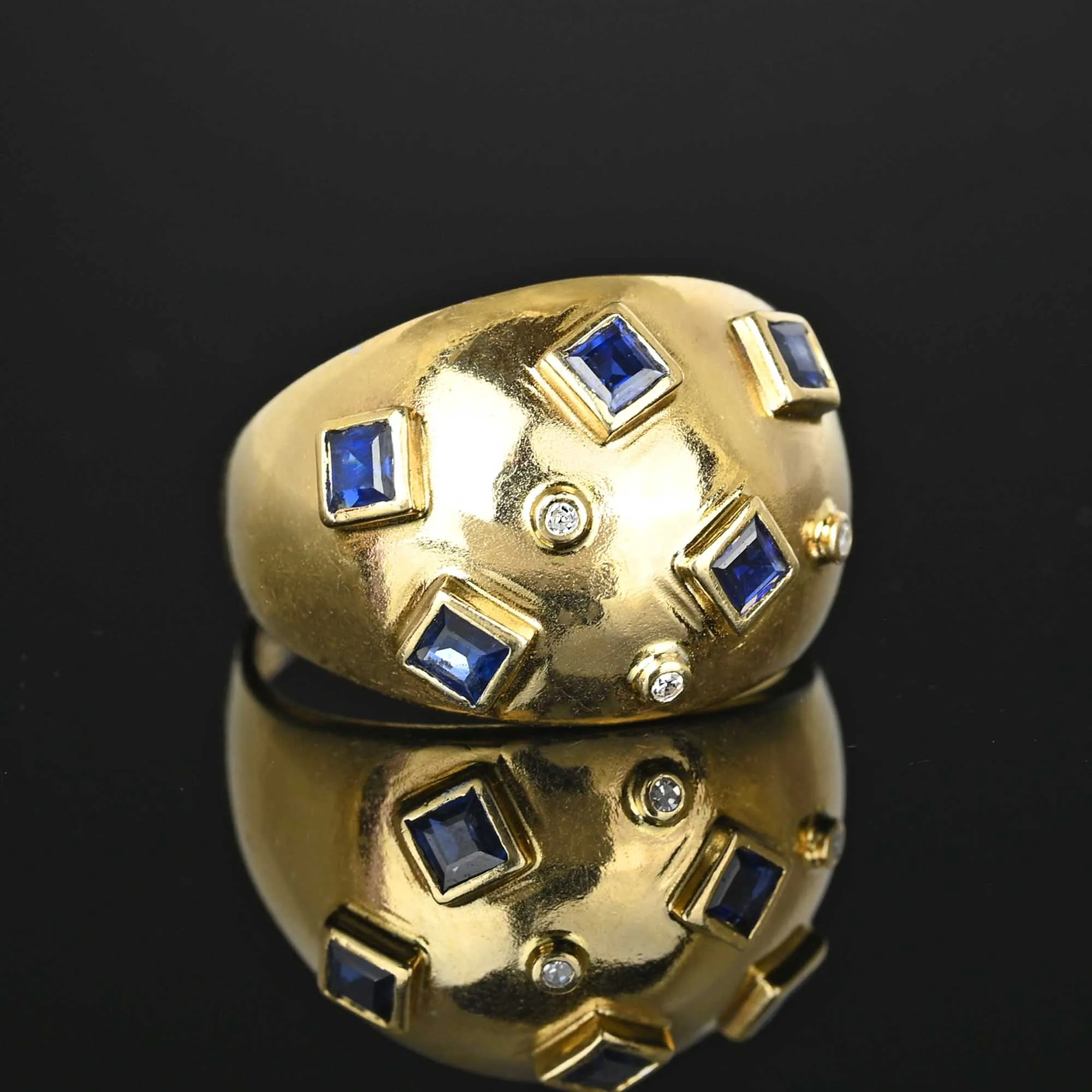 14K Gold Sputnik Style Sapphire Diamond Bombe Ring