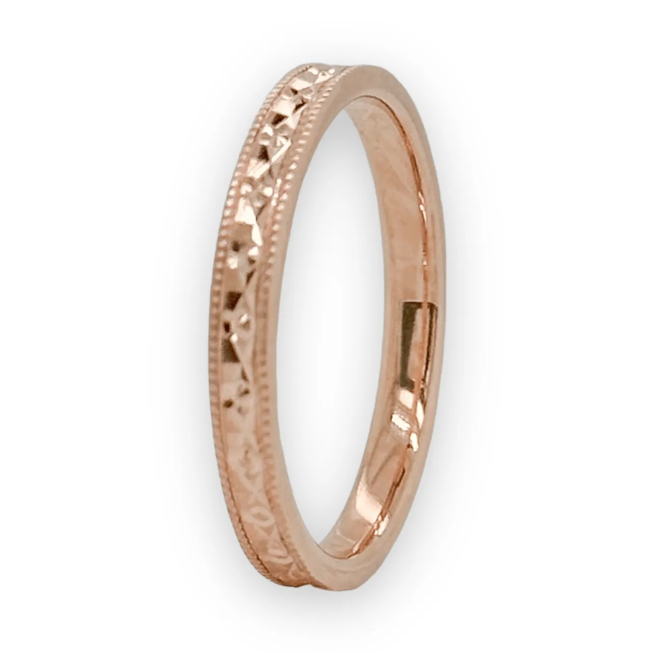 14K R Gold 3mm Milgrain Edge Carved Wedding Band