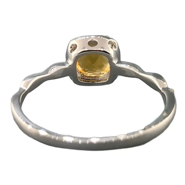 14K W Gold Cushion Cut Citrine & Diamond Ring