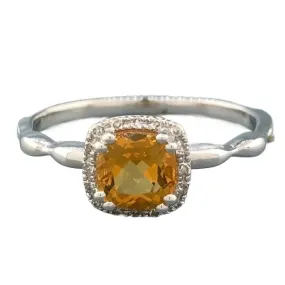 14K W Gold Cushion Cut Citrine & Diamond Ring