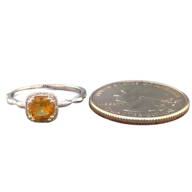 14K W Gold Cushion Cut Citrine & Diamond Ring