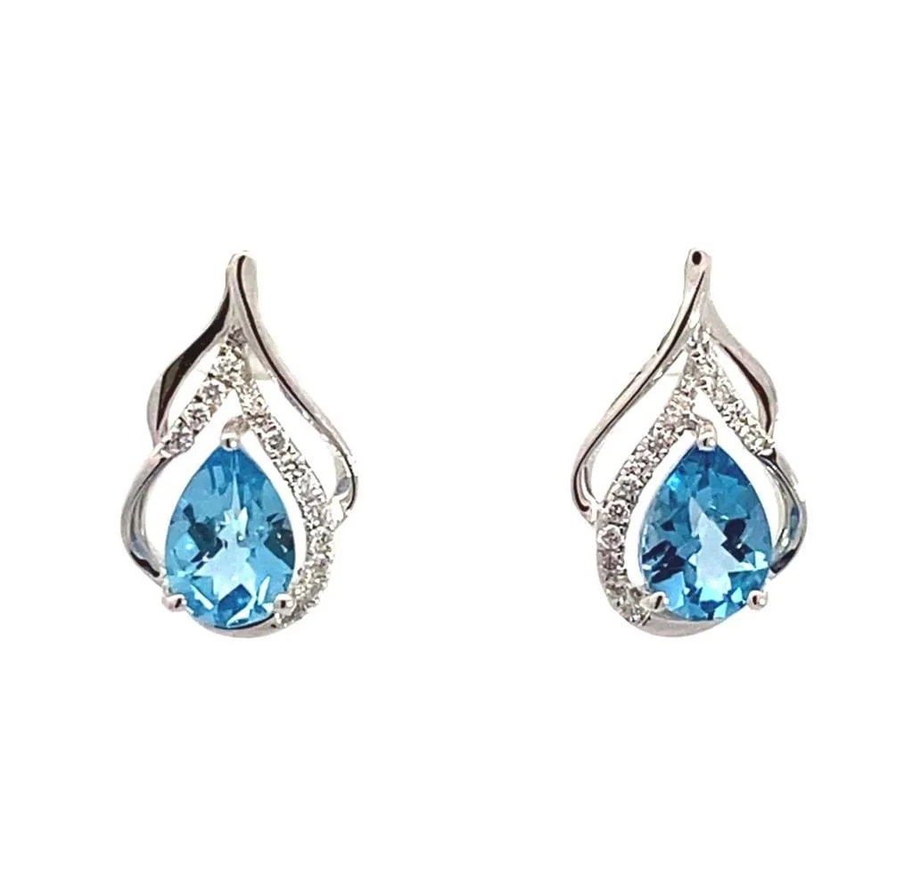 14K White Gold Blue Topaz And Diamonds Earrings