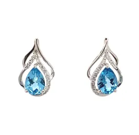 14K White Gold Blue Topaz And Diamonds Earrings