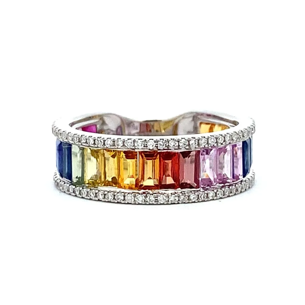 14K White Gold Rainbow Sapphire And Diamond Channel Set Band Ring