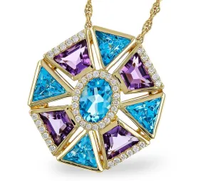 14K Yellow Gold Art Deco Inspired Amethyst And Blue Topaz Circle Pendant Necklace