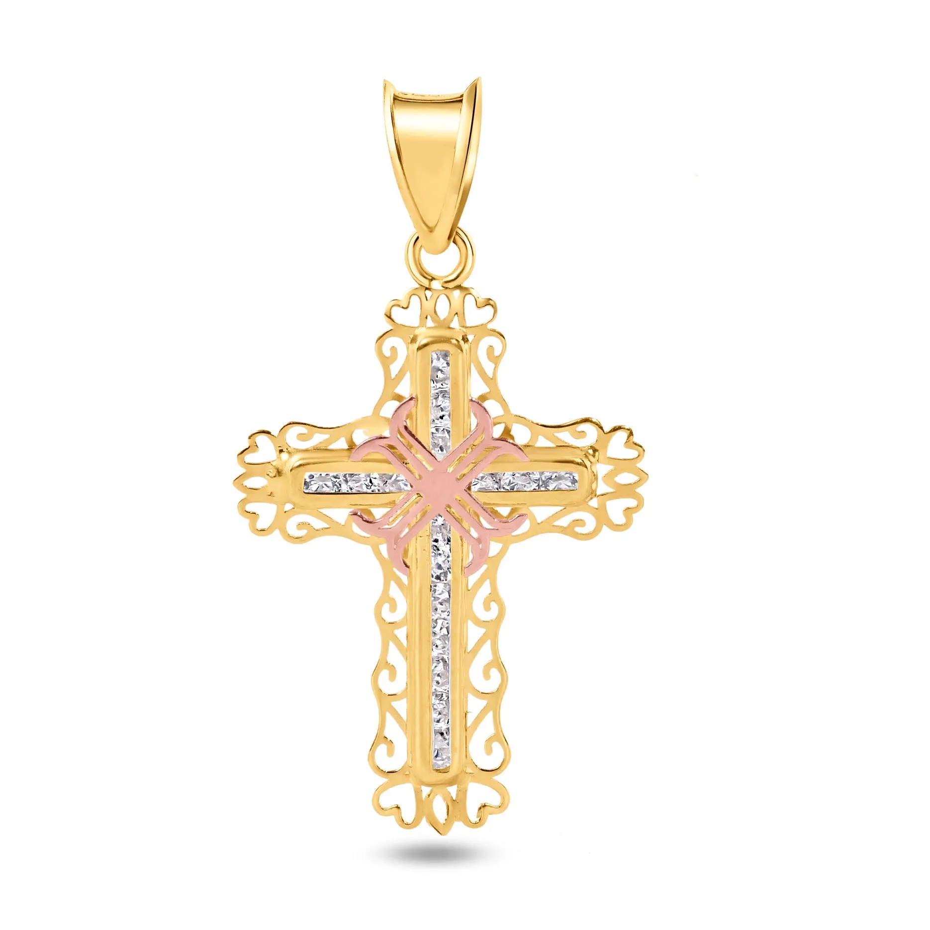 14P00069 - 14 Karat Yellow Gold Cross Two Tone Heart Cutout Border Clear CZ Pendant