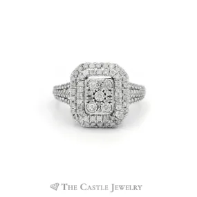 1cttw Diamond Cluster Ring with Double Halo & Accents in 10k White Gold