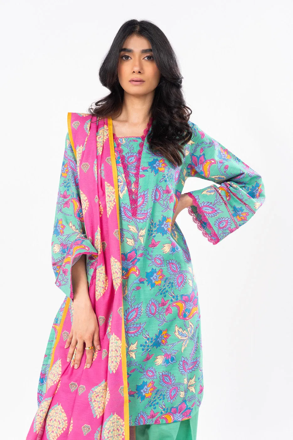 2 Pc Printed Khaddar Shirt With Khaddar Dupatta