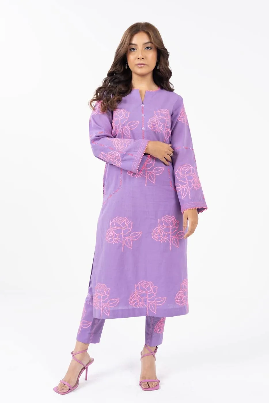 2 Piece Embroidered Cambric Suit with Cambric Trouser