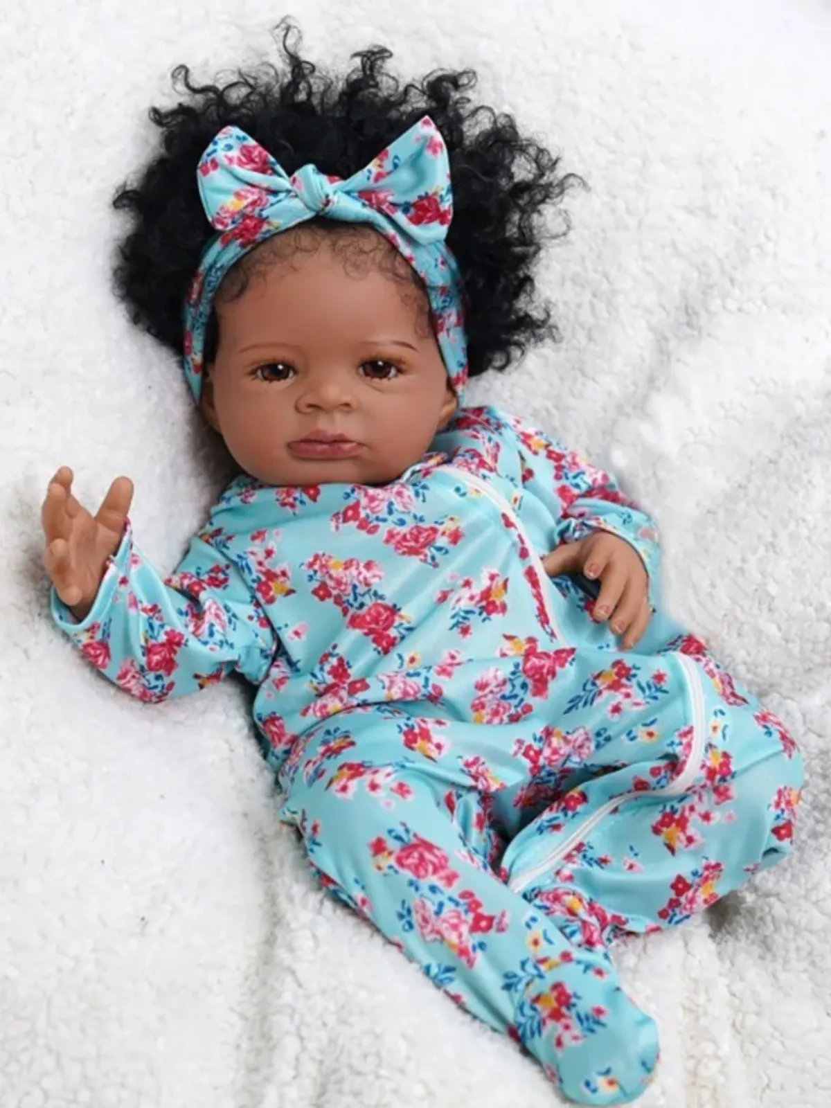 20" Cute African American Reborn Baby Doll in Flower Print Onesie with Matching Headband