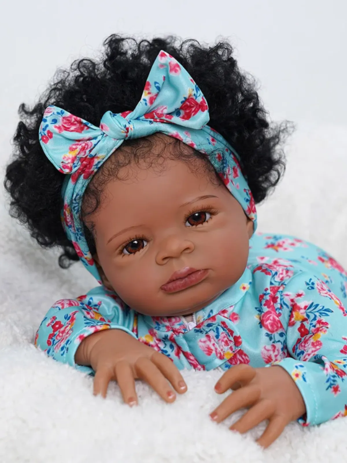 20" Cute African American Reborn Baby Doll in Flower Print Onesie with Matching Headband