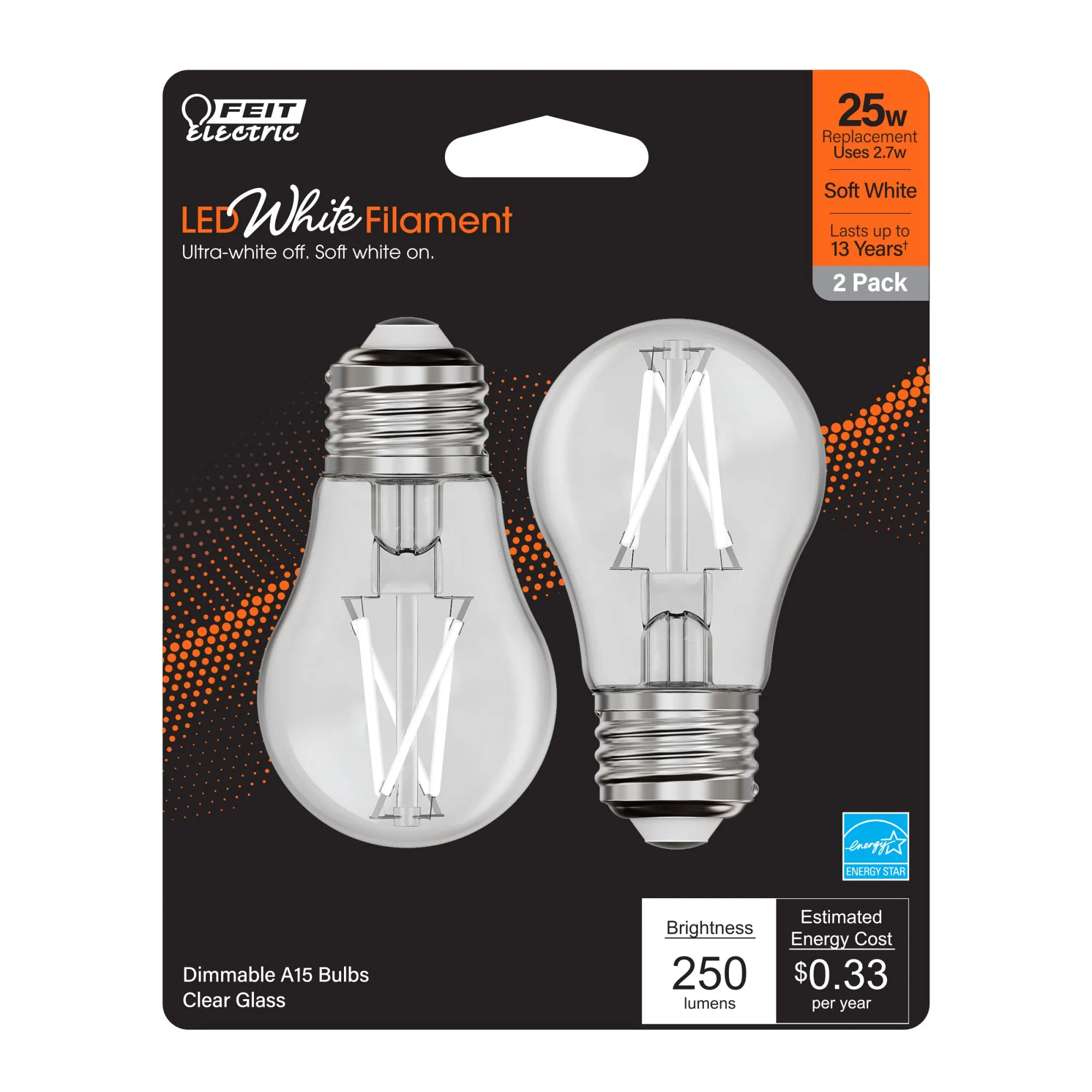 2.7W (25W Equivalent) Soft White (2700K) A15 E26 Base Exposed White Filament LED Light Bulb (2-Pack)