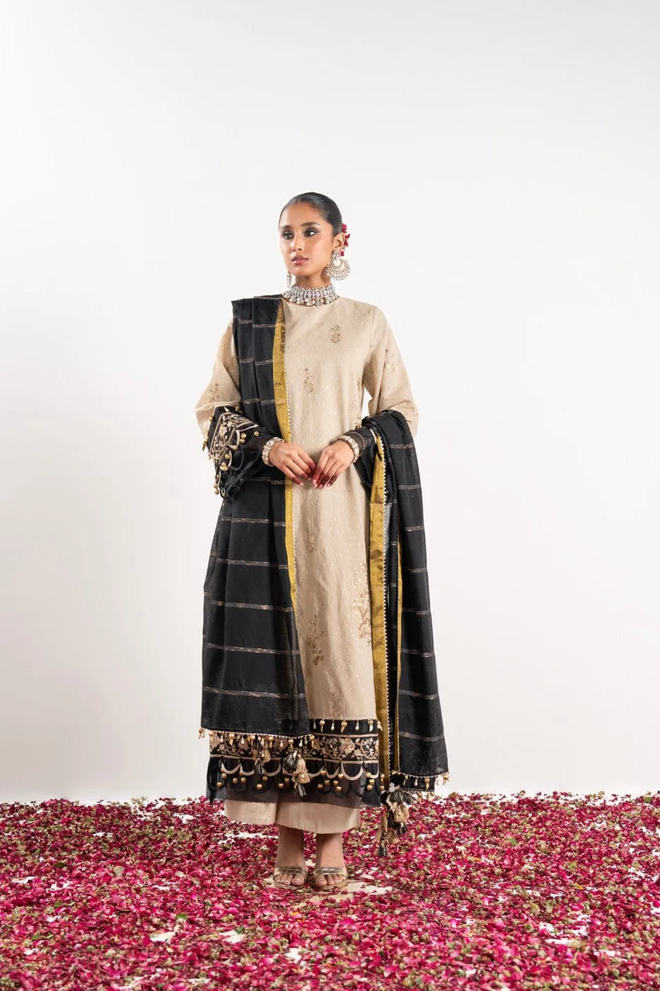 3 Pc Embroidered Dobby Zari Suit With Yarn Dyed Dupatta