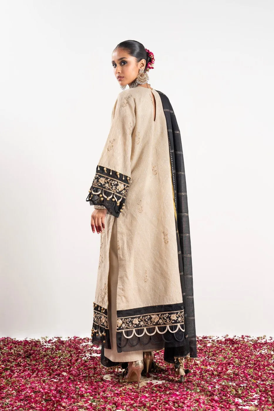 3 Pc Embroidered Dobby Zari Suit With Yarn Dyed Dupatta