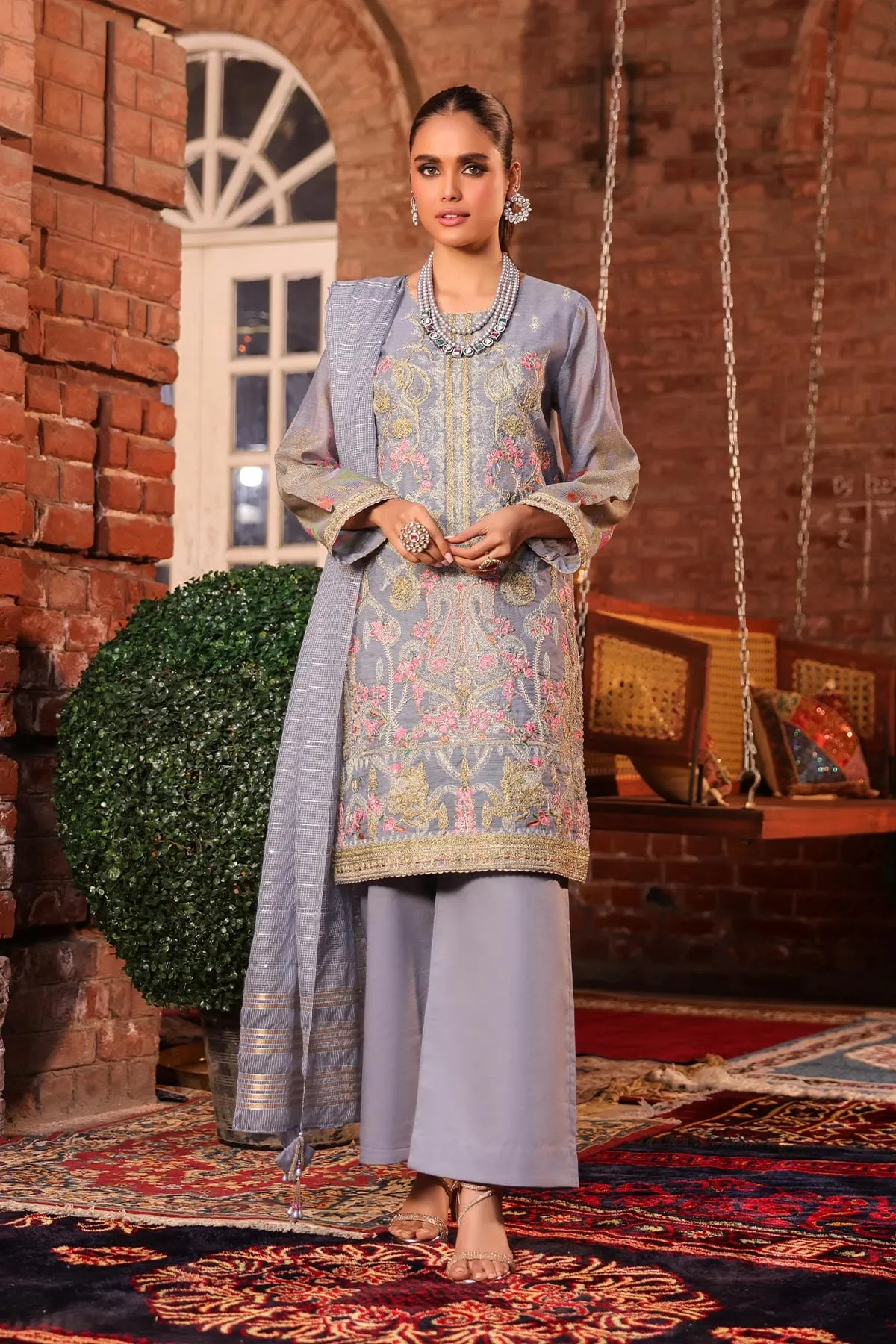 4 Pc Embroidered Cotton Net Suit With Sequence Dupatta