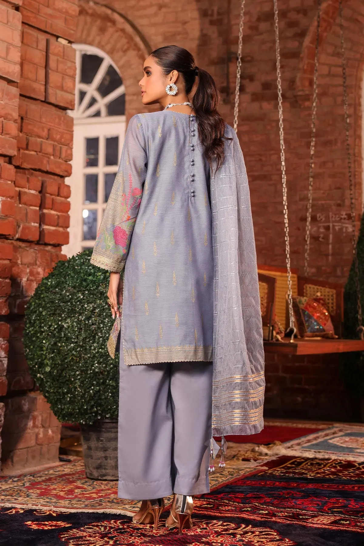 4 Pc Embroidered Cotton Net Suit With Sequence Dupatta