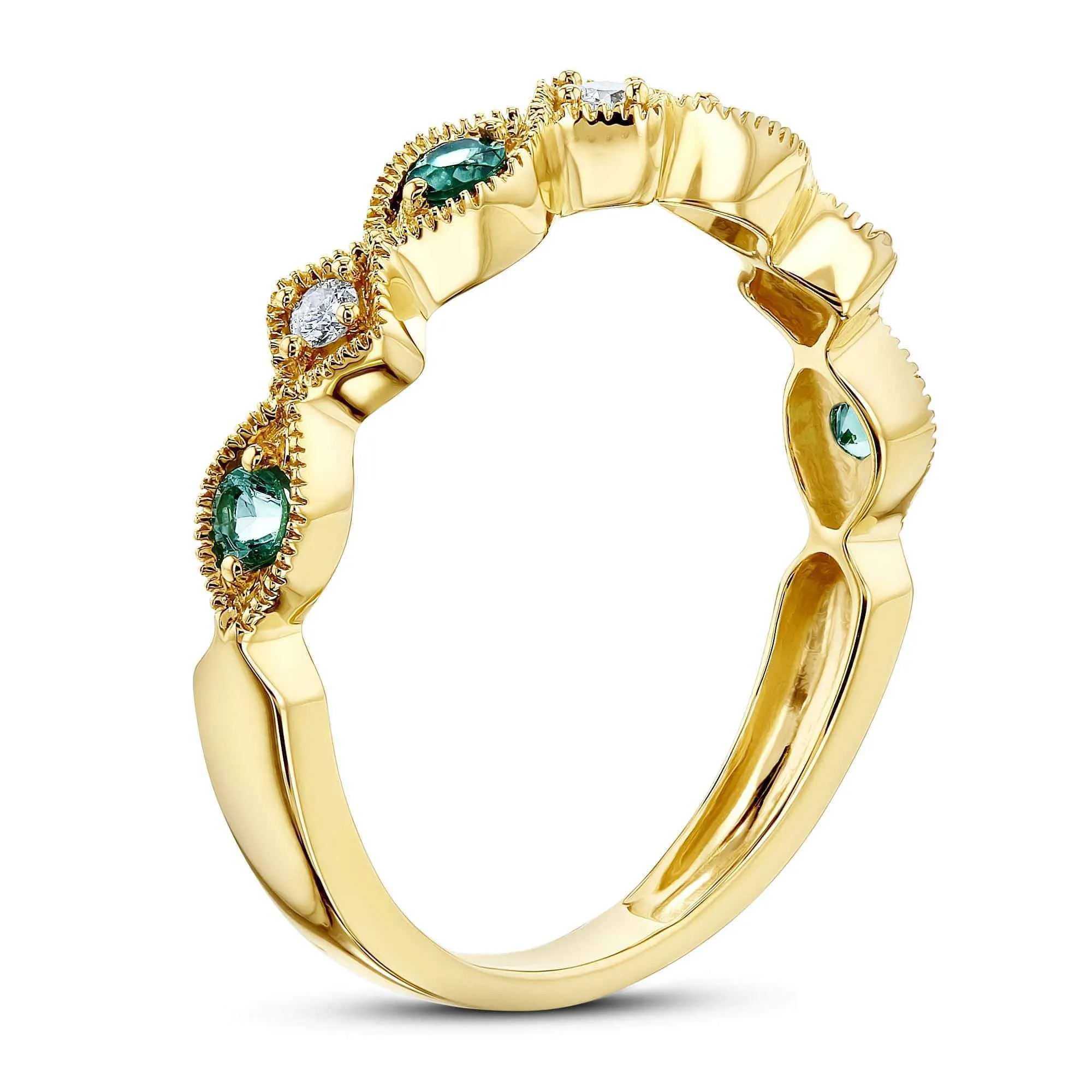 Alternating Emerald and Diamond Yellow Gold Ring