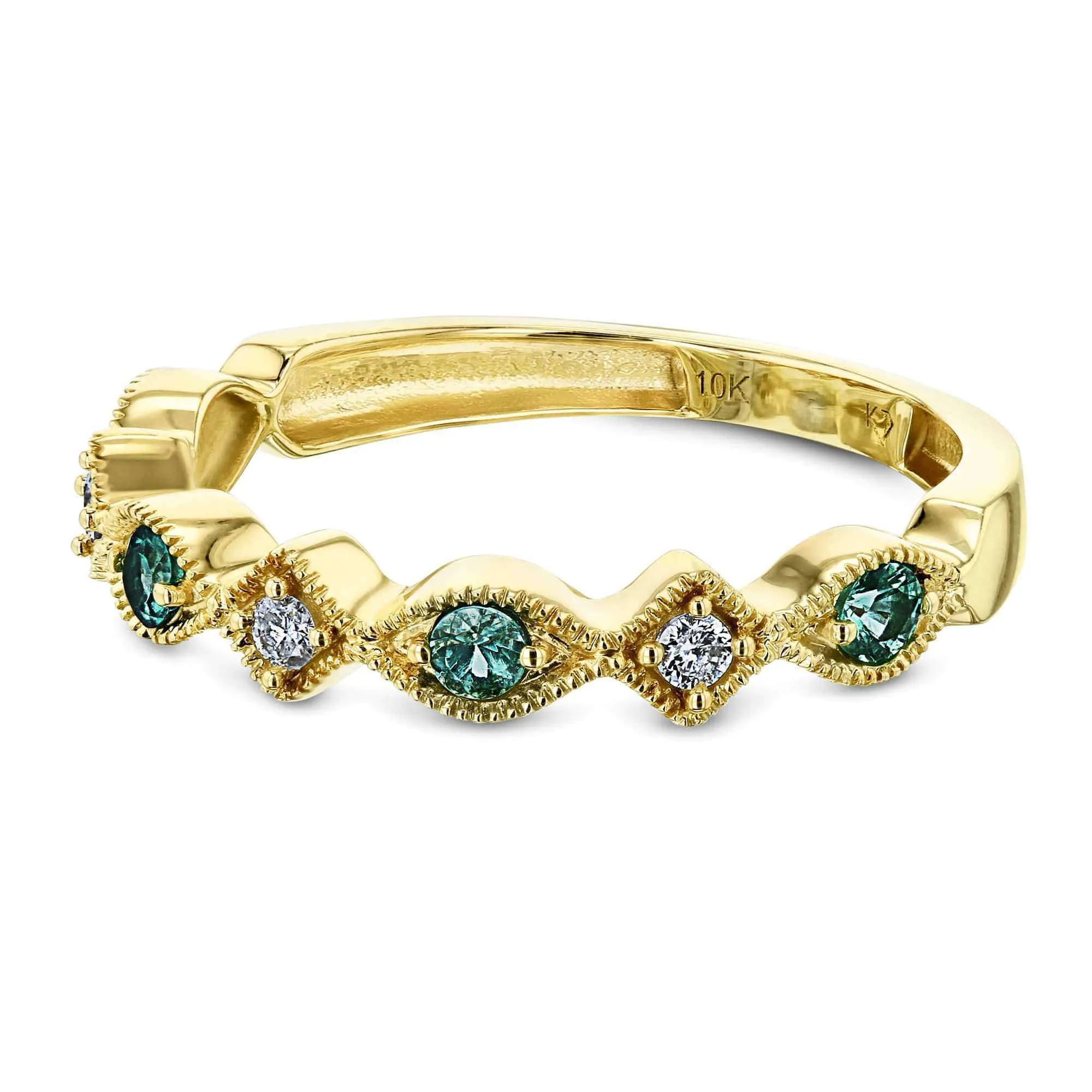 Alternating Emerald and Diamond Yellow Gold Ring