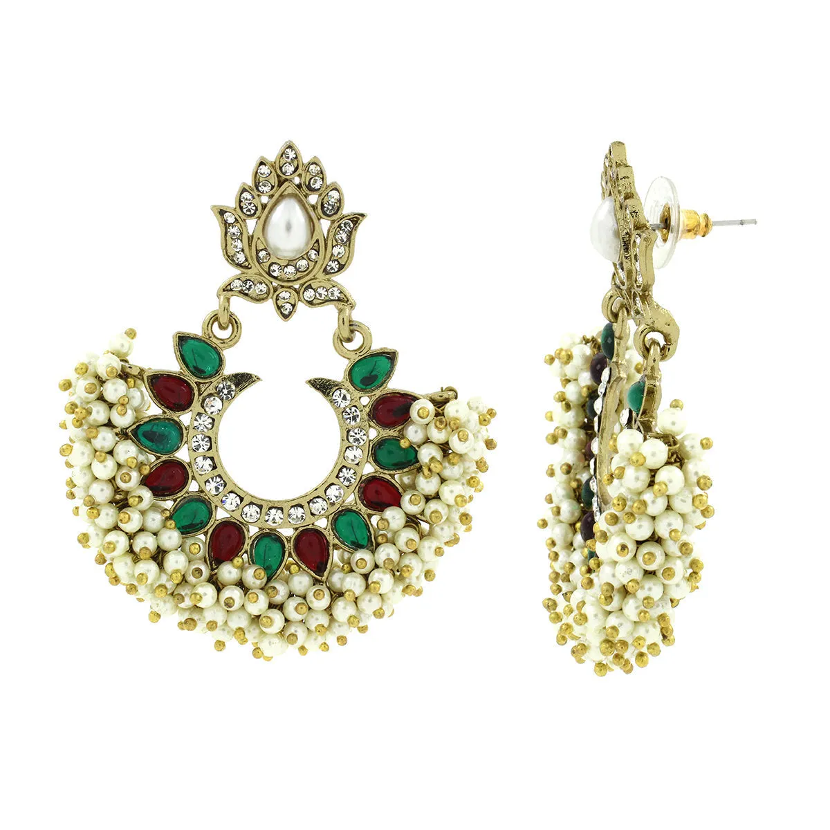 American Diamond Pearl Red Emerald Green Gold Chaand Baali Earring