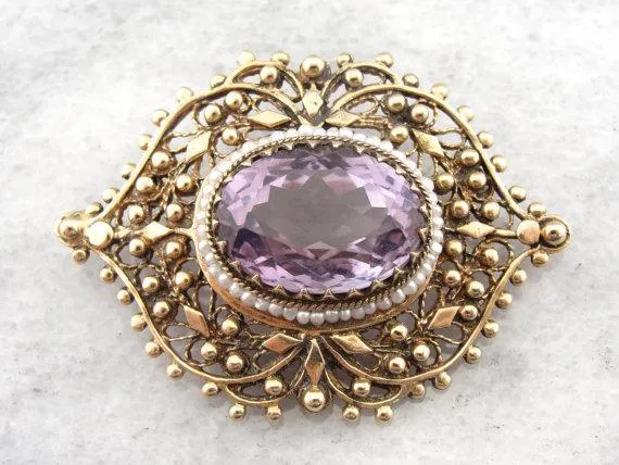 Amethyst in Seed Pearl and Filigree Frame, Pin or Pendant