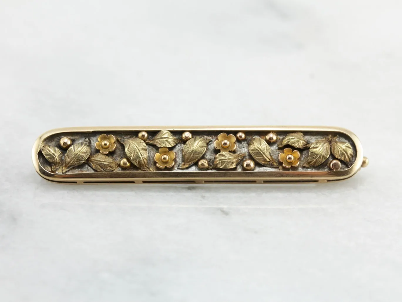 Antique Art Nouveau Era Floral Motif Bar Pin in Tri Color Gold