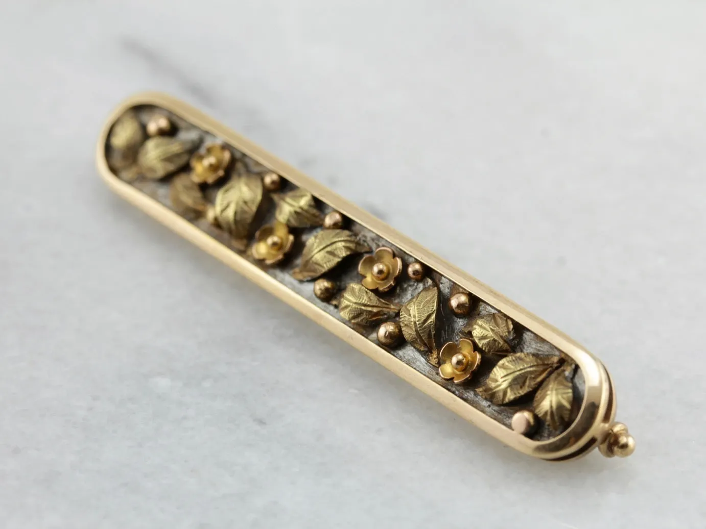 Antique Art Nouveau Era Floral Motif Bar Pin in Tri Color Gold