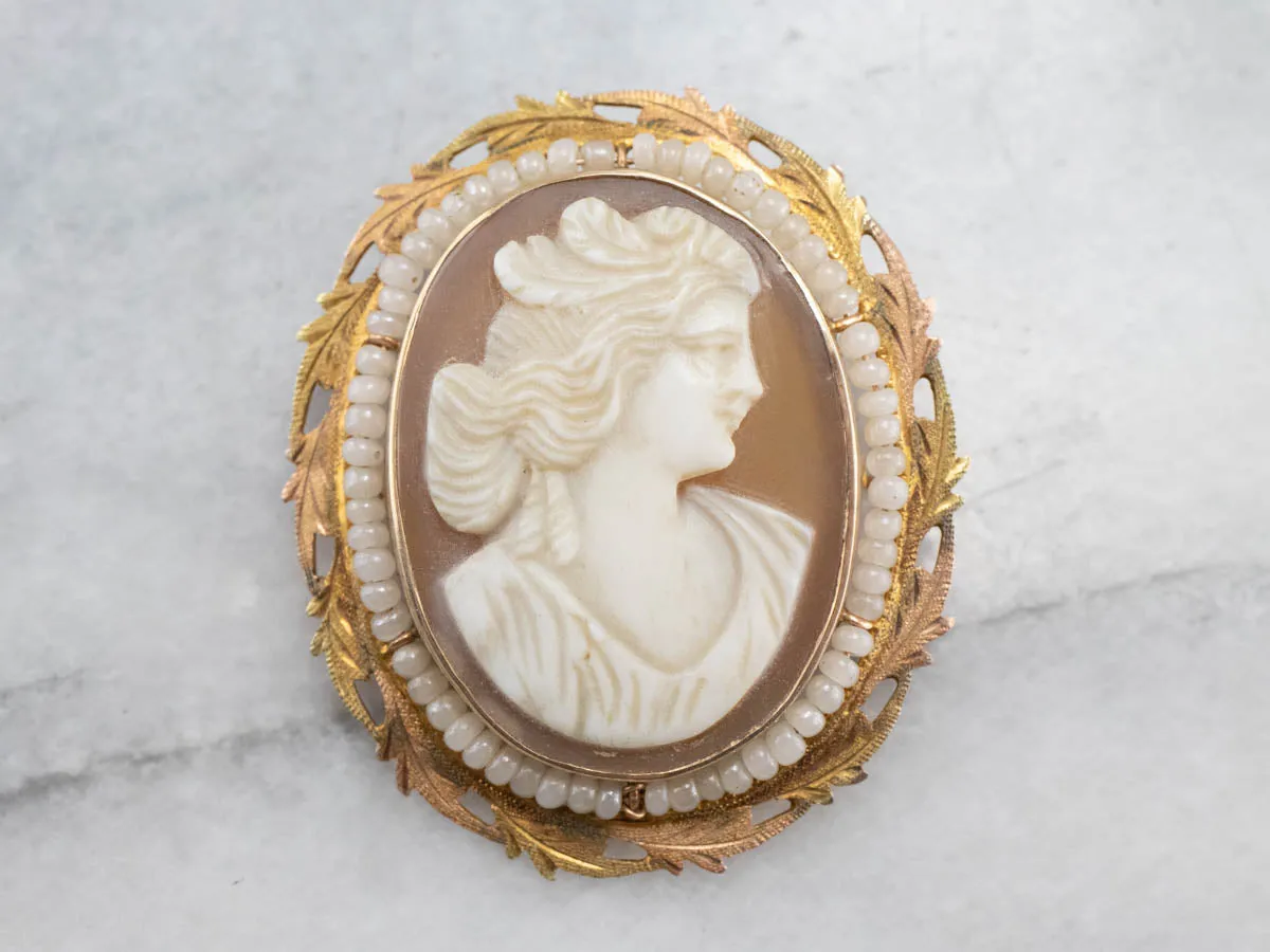 Antique Cam & Co Cameo and Seed Pearl Brooch