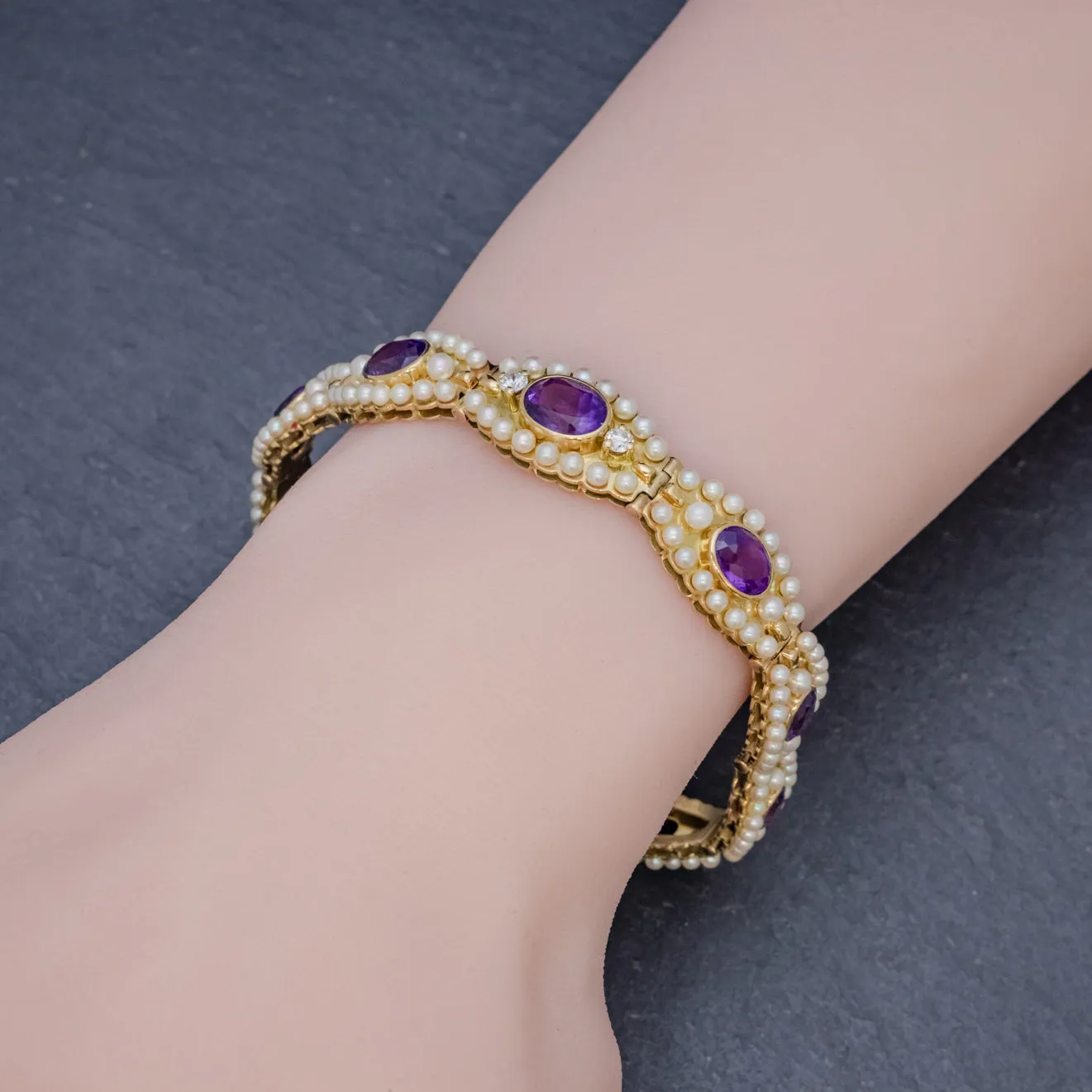 Antique Edwardian French Bracelet Amethyst Diamond Pearl 18ct Gold