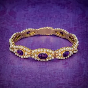 Antique Edwardian French Bracelet Amethyst Diamond Pearl 18ct Gold