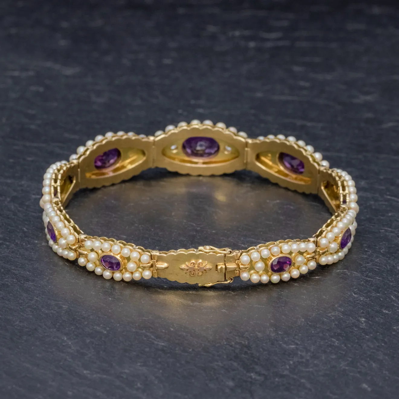 Antique Edwardian French Bracelet Amethyst Diamond Pearl 18ct Gold