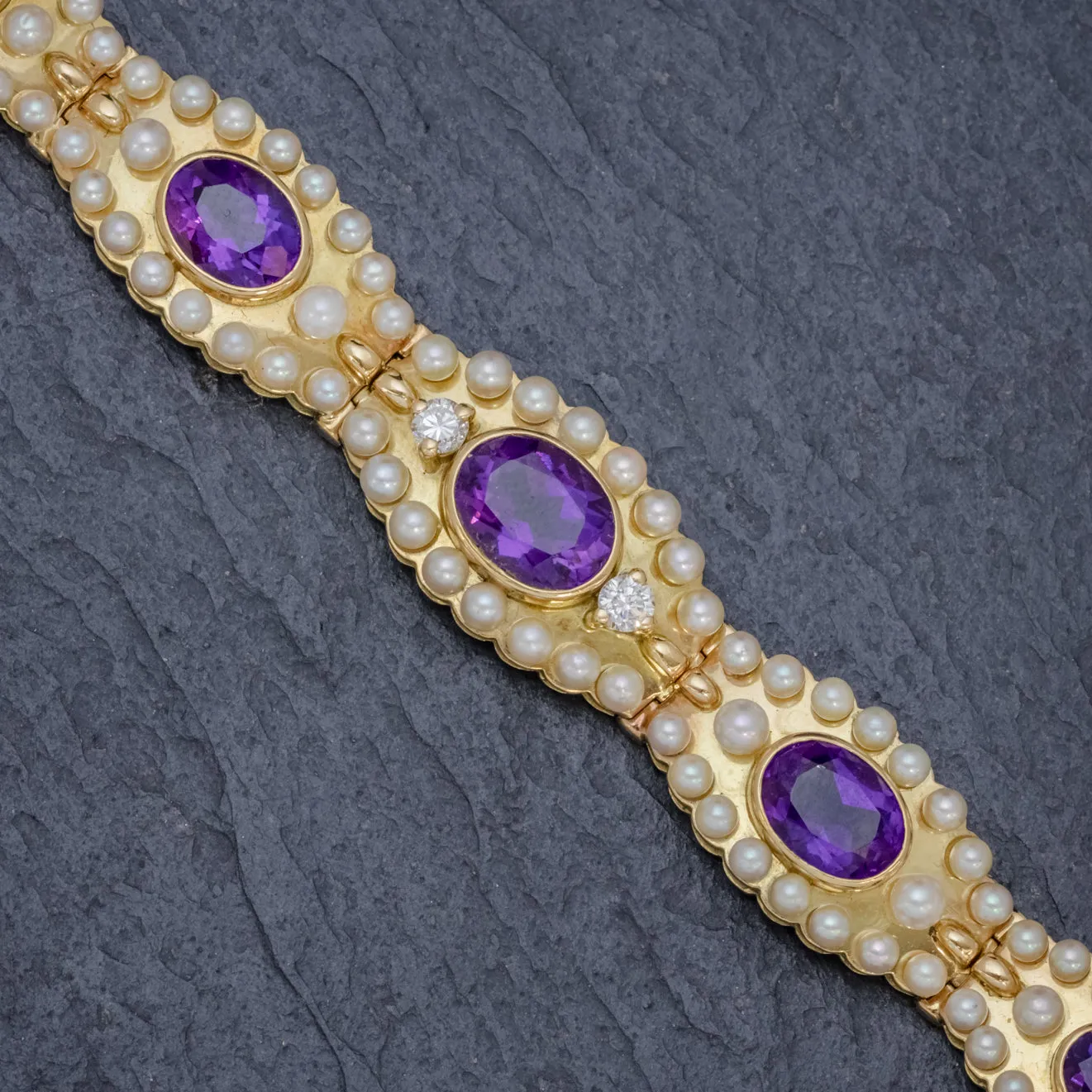 Antique Edwardian French Bracelet Amethyst Diamond Pearl 18ct Gold