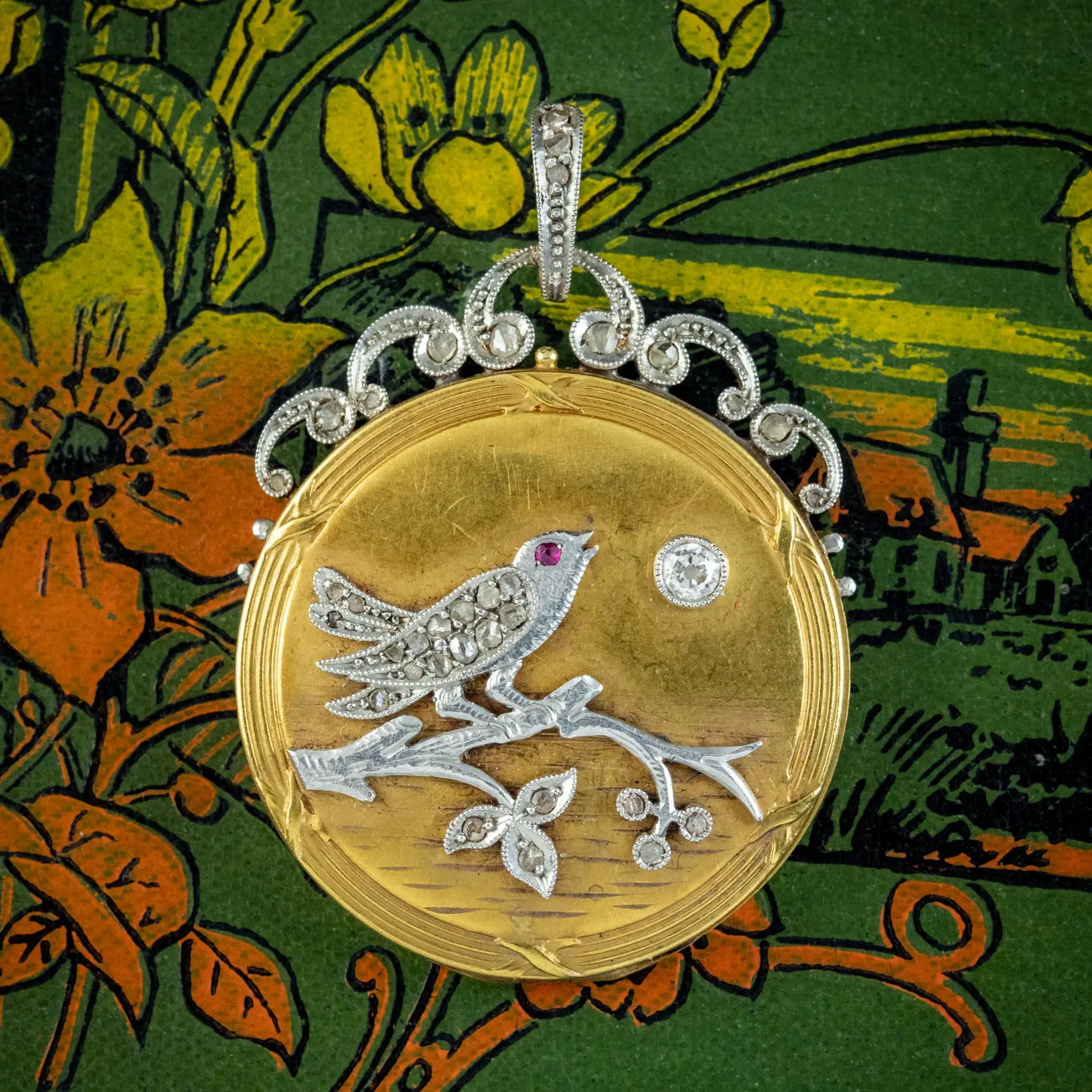 Antique Edwardian French Diamond Bird Locket 18ct Gold Platinum