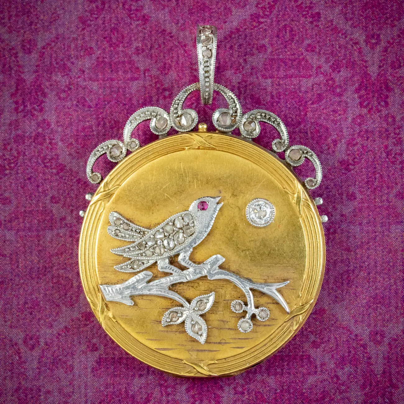 Antique Edwardian French Diamond Bird Locket 18ct Gold Platinum