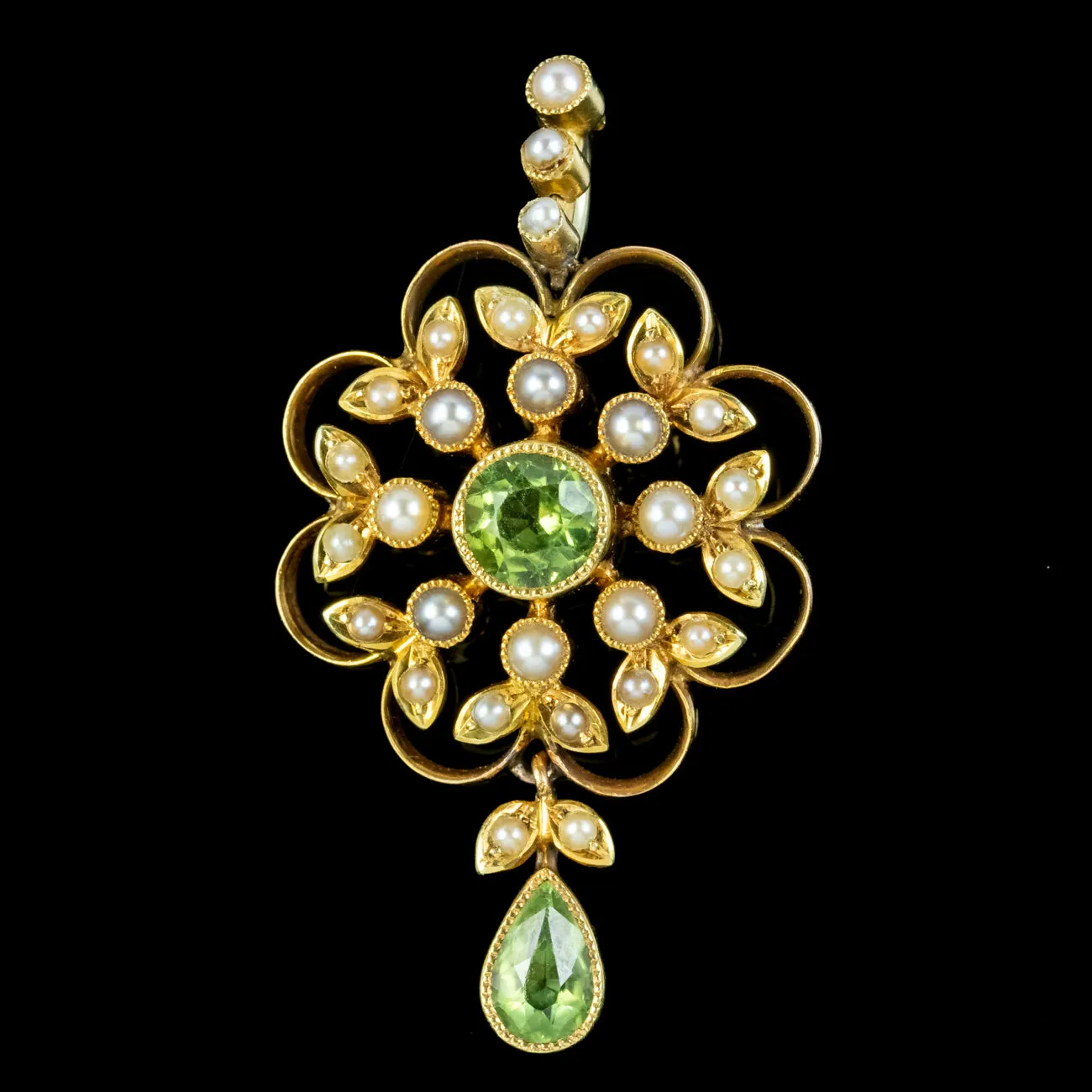 Antique Edwardian Peridot Pearl Flower Pendant 15ct Gold