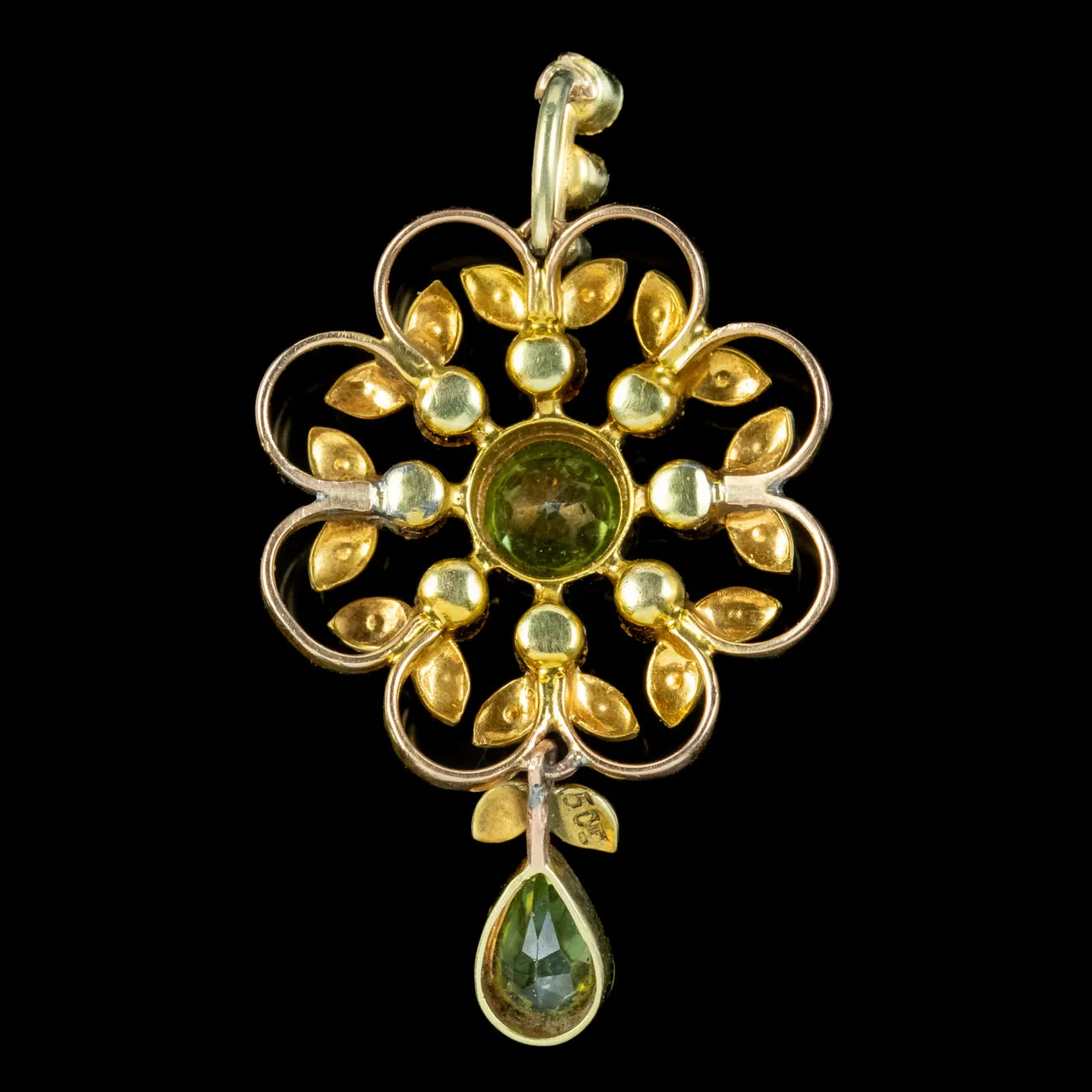 Antique Edwardian Peridot Pearl Flower Pendant 15ct Gold