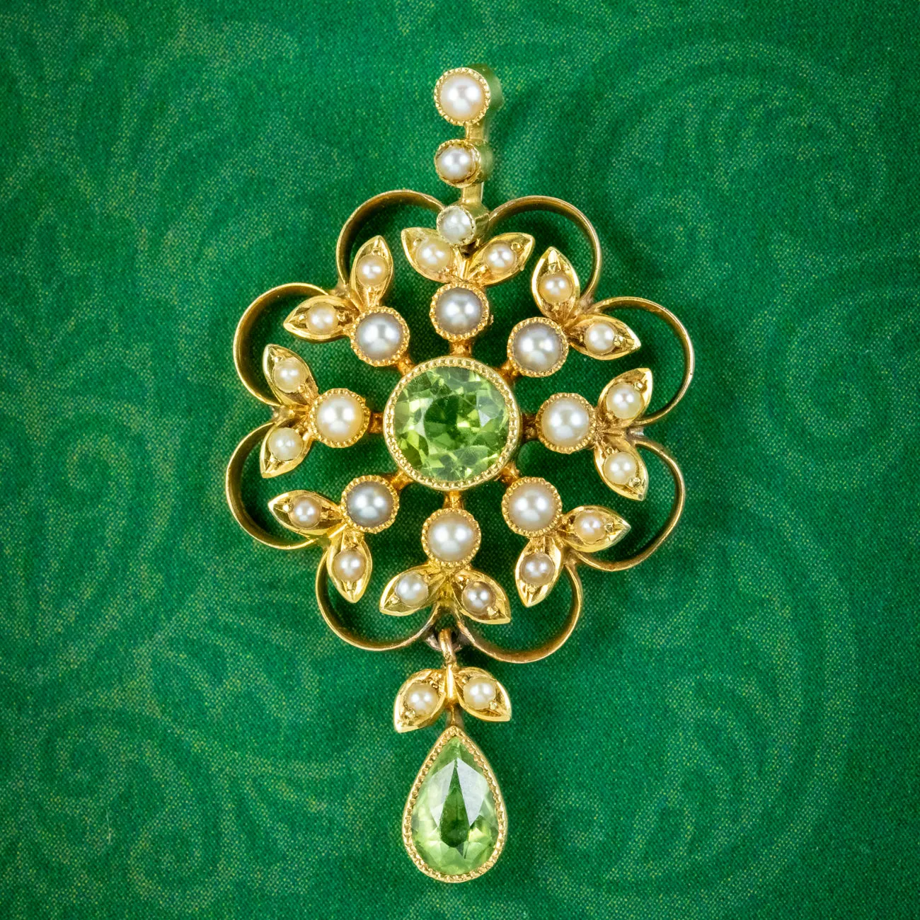 Antique Edwardian Peridot Pearl Flower Pendant 15ct Gold