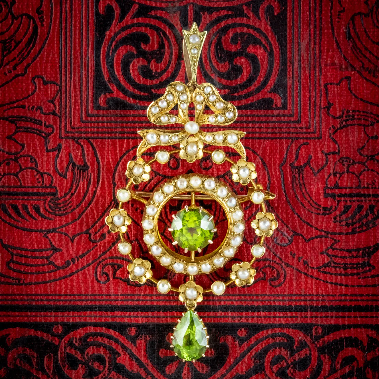 Antique Edwardian Peridot Pearl Pendant 15ct Gold