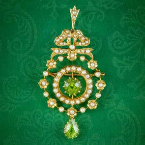 Antique Edwardian Peridot Pearl Pendant 15ct Gold