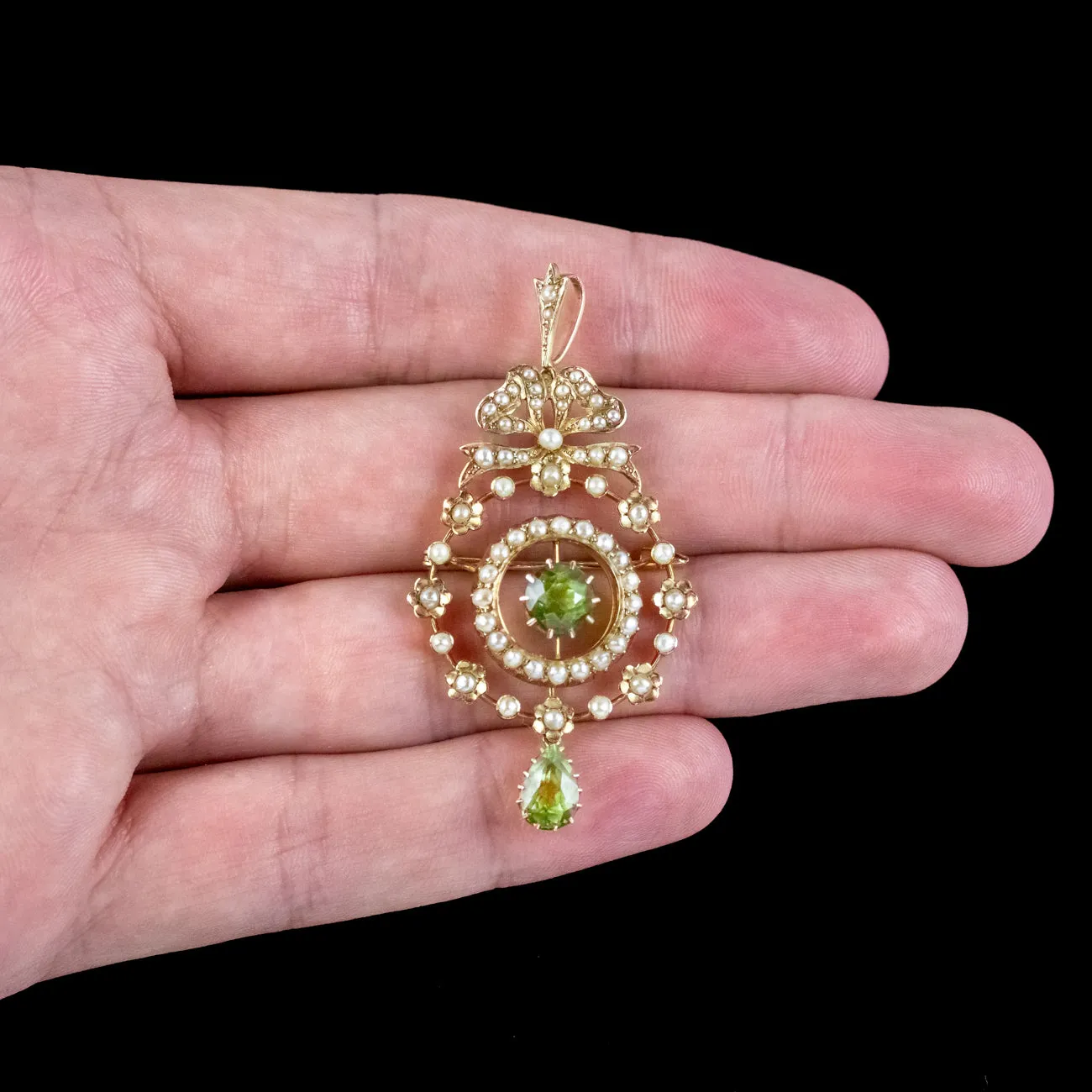 Antique Edwardian Peridot Pearl Pendant 15ct Gold