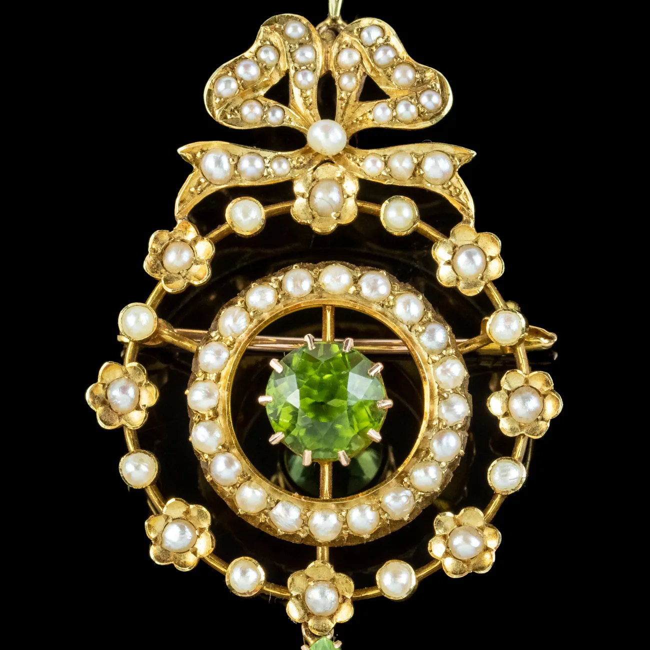 Antique Edwardian Peridot Pearl Pendant 15ct Gold