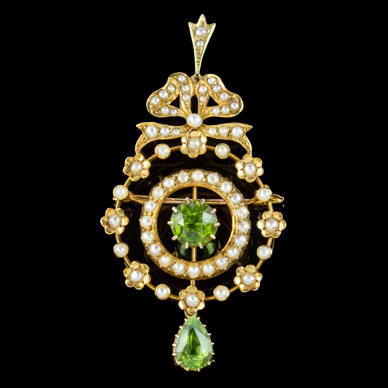 Antique Edwardian Peridot Pearl Pendant 15ct Gold