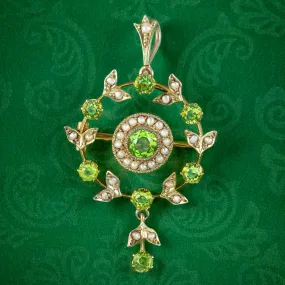 Antique Edwardian Peridot Pearl Pendant 9ct Gold