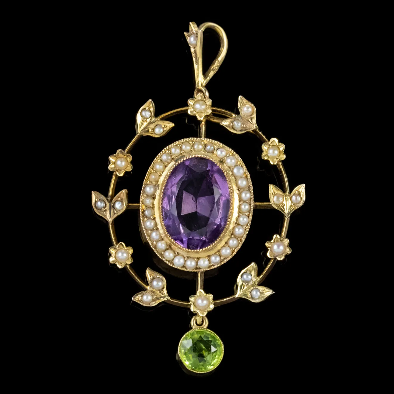 Antique Edwardian Suffragette Floral Pendant Amethyst 18Ct Gold Circa 1910