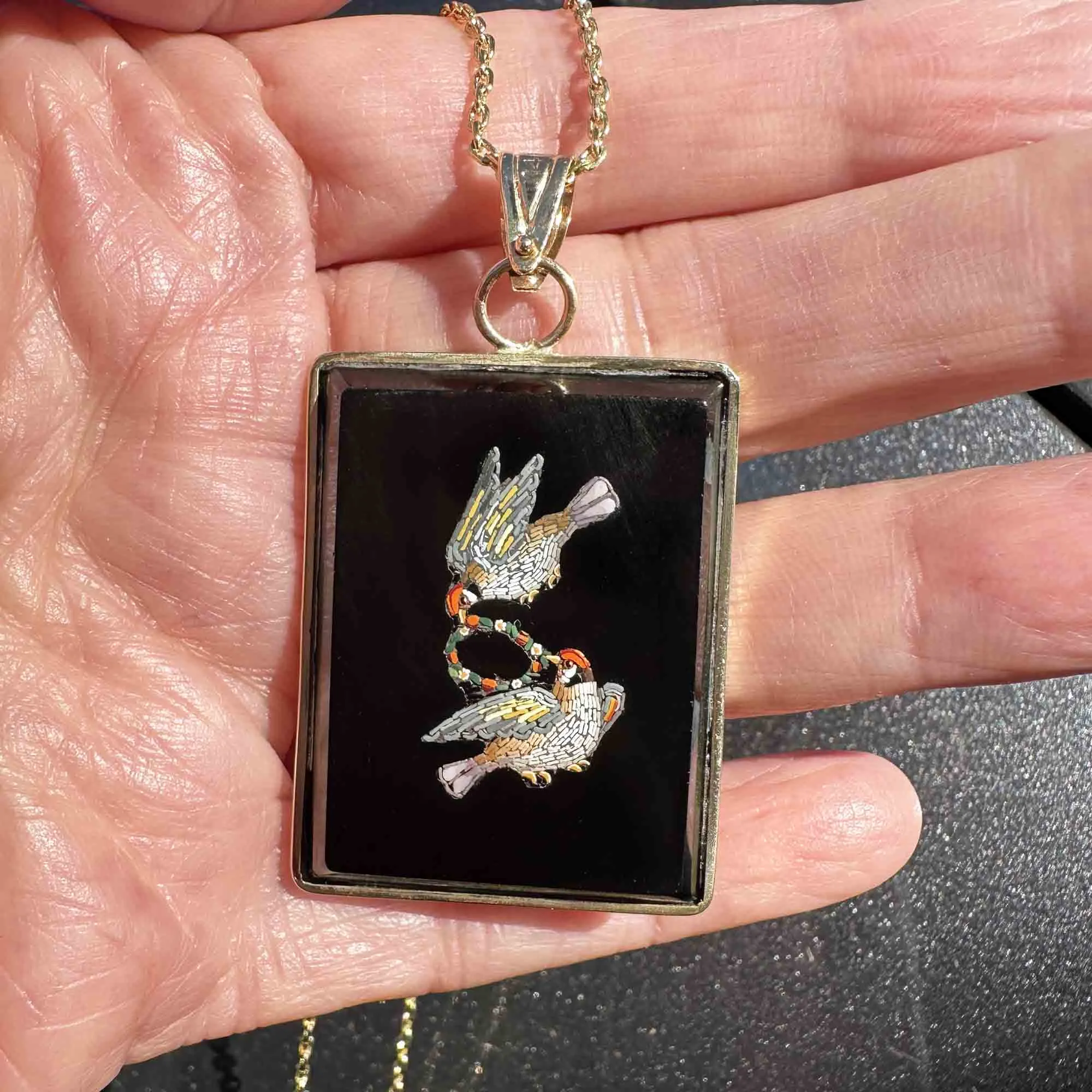 Antique Lovebird Micro Mosaic Onyx Pendant in 14K Gold