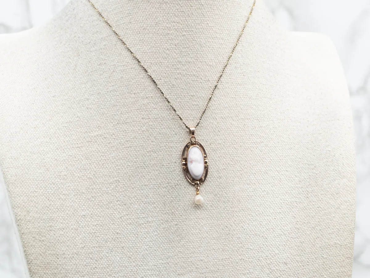 Antique Pink Shell Cameo Freshwater Pearl Pendant